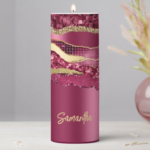 Agate name maroon gold glitter marble chic pillar candle