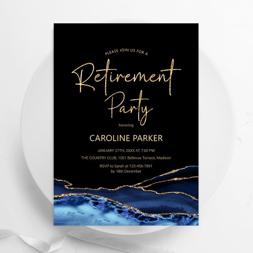 Agate Navy Blue Black Gold Retirement Party Invitation