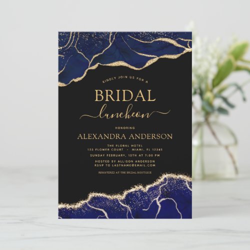 Agate Navy Blue Bridal Shower Luncheon Gold  Invit Invitation