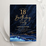 Agate Navy Blue Gold 18th Birthday Invitation<br><div class="desc">Navy blue and gold agate 18th birthday party invitation. Elegant modern design featuring royal blue watercolor agate marble geode background,  faux glitter gold and typography script font. Trendy invite card perfect for a stylish women's bday celebration. Printed Zazzle invitations or instant download digital printable template.</div>