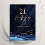 Agate Navy Blue Gold 21st Birthday Invitation<br><div class="desc">Navy blue and gold agate 21st birthday party invitation. Elegant modern design featuring royal blue watercolor agate marble geode background,  faux glitter gold and typography script font. Trendy invite card perfect for a stylish women's bday celebration. Printed Zazzle invitations or instant download digital printable template.</div>