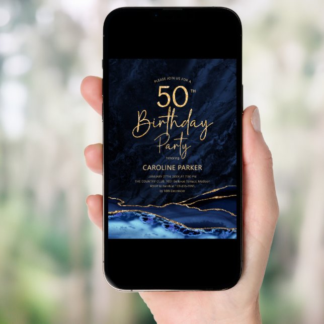 Agate Navy Blue Gold 50th Birthday Invitation (Front Digital)