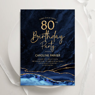 Agate Navy Blue Gold 80th Birthday Invitation