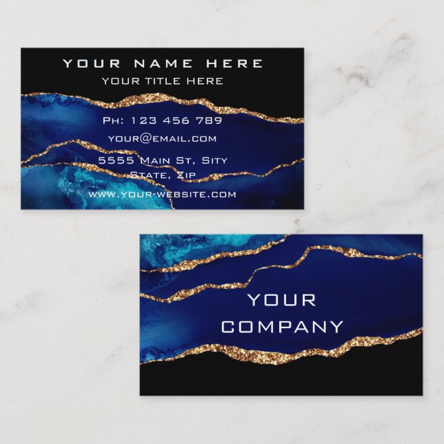 Agate Navy Blue Gold and Black Business Card (Front/Back)