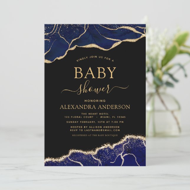Agate Navy Blue Gold Baby Shower  Invitation (Standing Front)