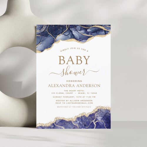 Agate Navy Blue Gold Baby Shower  Invitation