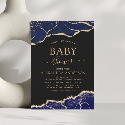 Agate Navy Blue Gold Baby Shower  Invitation