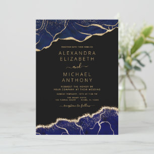 Agate Navy Blue Gold Blue Wedding Invitation