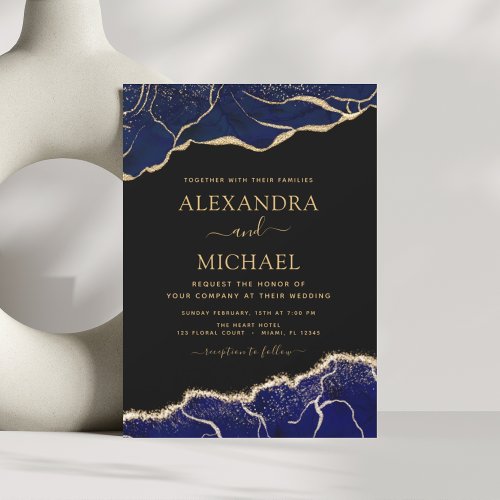 Agate Navy Blue Gold Blue Wedding Invitation