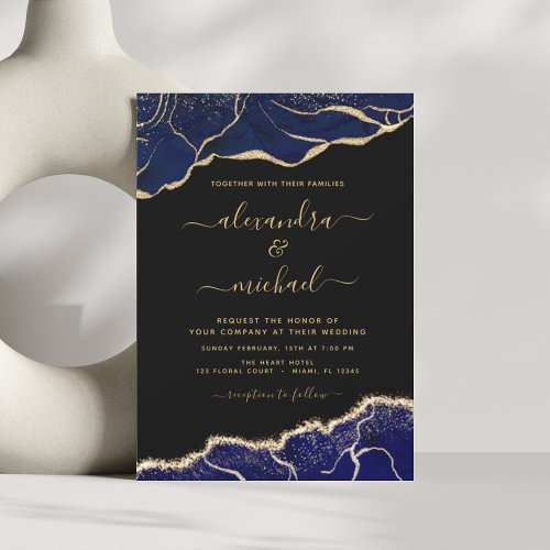 Agate Navy Blue Gold Blue Wedding Invitation