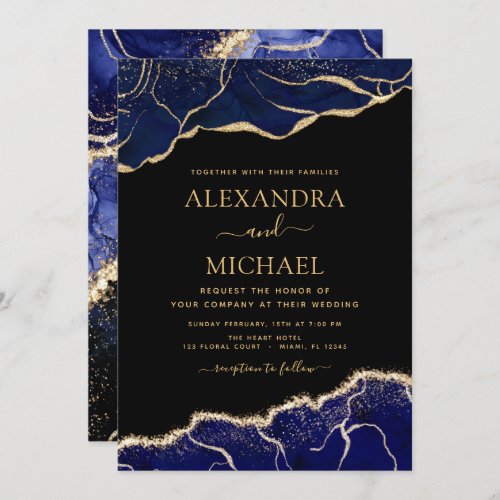 Agate Navy Blue Gold Blue Wedding Invitation