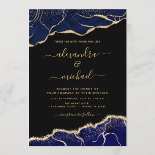 Agate Navy Blue Gold Blue Wedding Invitation