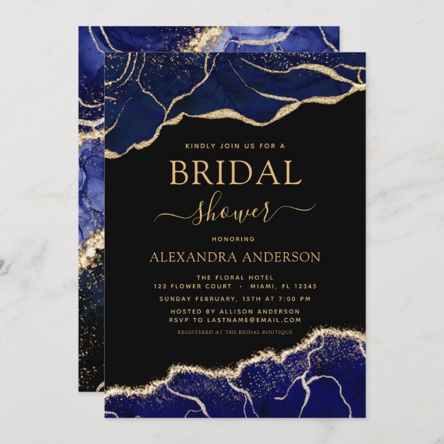 Agate Navy Blue Gold Bridal Shower Invitation (Front/Back)