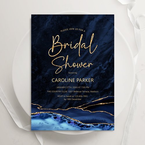 Agate Navy Blue Gold Bridal Shower Invitation