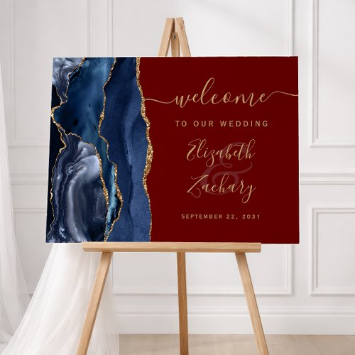 Agate Navy Blue Gold Burgundy Wedding Welcome Sign