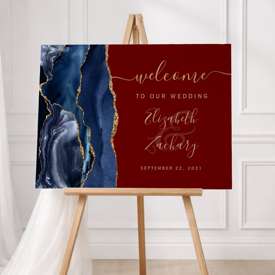 Agate Navy Blue Gold Burgundy Wedding Welcome Sign
