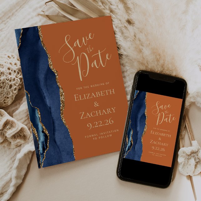 Agate Navy Blue Gold Burnt Orange Save the Date Invitation (Creator Uploaded)
