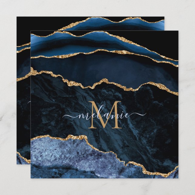 Agate Navy Blue Gold Custom Letter Name Cards (Front/Back)