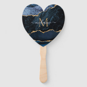 Agate Navy Blue Gold Custom Name letter Hand Fan