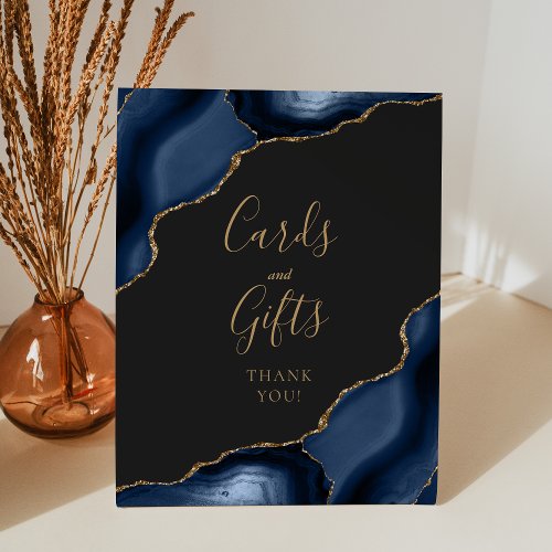 Agate Navy Blue Gold Dark Wedding Cards and Gifts Pedestal Sign
