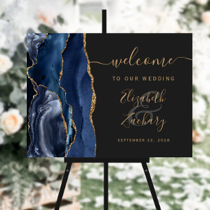 Agate Navy Blue Gold Dark Wedding Welcome Sign