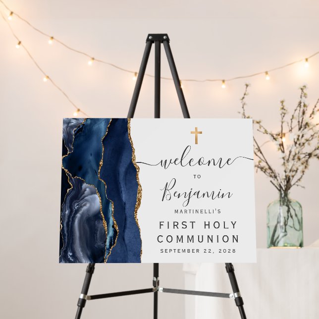 Agate Navy Blue Gold First Communion Welcome Sign (In Situ (Stand))