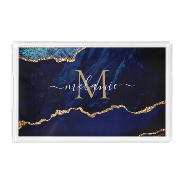 Agate Navy Blue Gold Gemstone Marble Custom Name Acrylic Tray (Front)