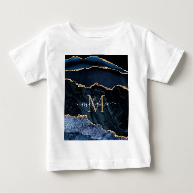Agate Navy Blue Gold Gemstone Marble Custom Name Baby T-Shirt (Front)