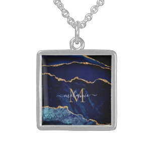 Agate Navy Blue Gold Gemstone Marble Custom Name Sterling Silver Necklace