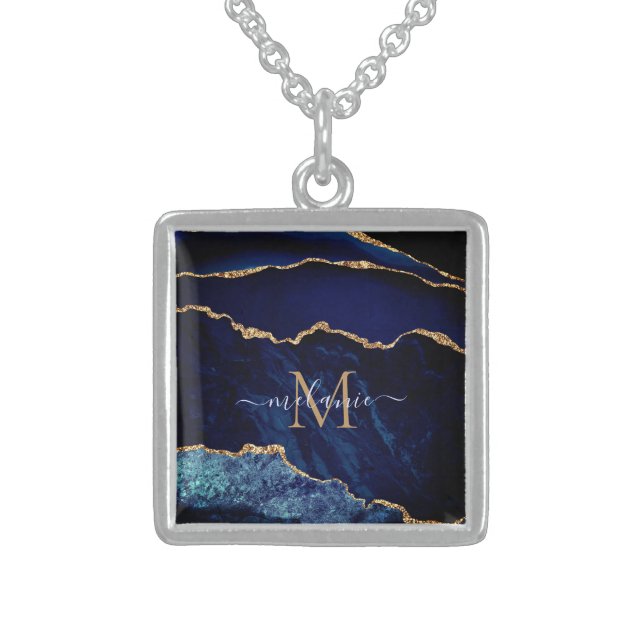Agate Navy Blue Gold Gemstone Marble Custom Name Sterling Silver Necklace (Front)