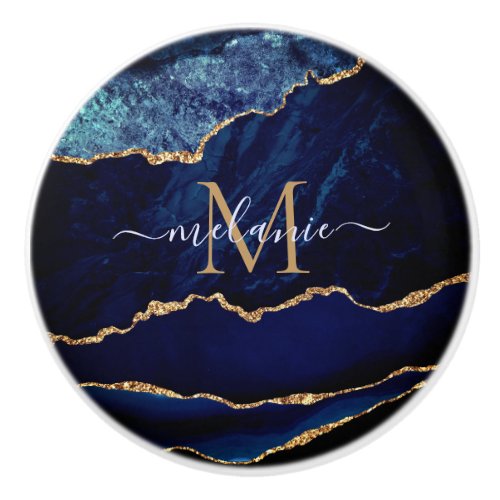 Agate Navy Blue Gold Gemstone Marble Monogram Ceramic Knob