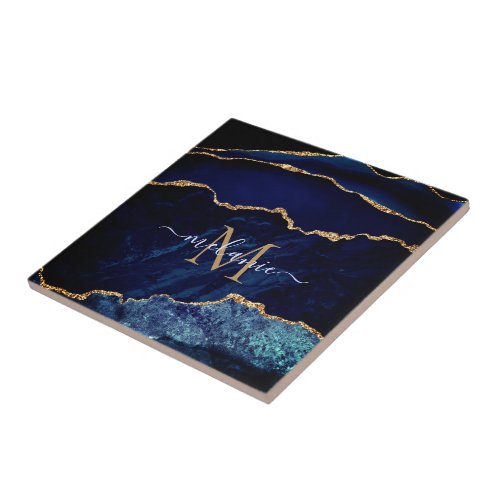 Agate Navy Blue Gold Gemstone Marble Monogram Ceramic Tile