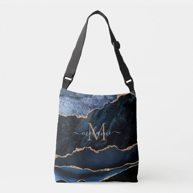 Agate Navy Blue Gold Gemstone Marble Monogram Crossbody Bag (Front)
