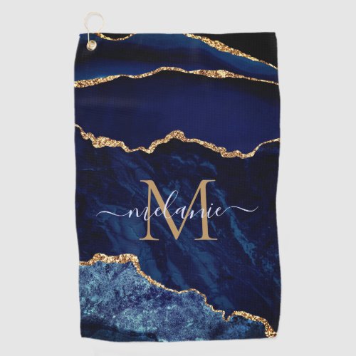 Agate Navy Blue Gold Gemstone Marble Monogram Golf Towel