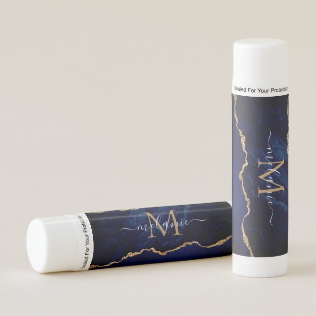 Agate Navy Blue Gold Gemstone Marble Monogram Lip Balm (Front)
