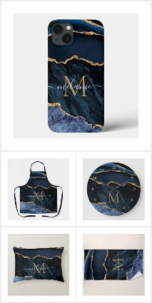 Agate Navy Blue Gold Gemstone Marble Monogram Name