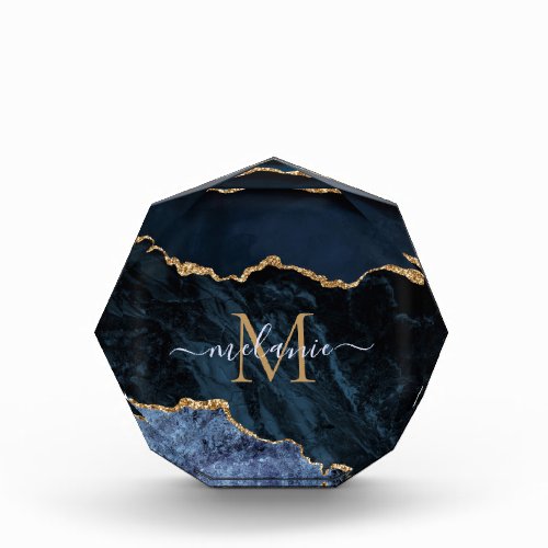 Agate Navy Blue Gold Gemstone Marble Monogram Name Acrylic Award