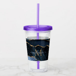 Agate Navy Blue Gold Gemstone Marble Monogram Name Acrylic Tumbler