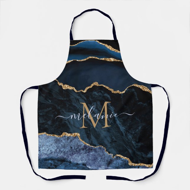 Agate Navy Blue Gold Gemstone Marble Monogram Name Apron (Front)