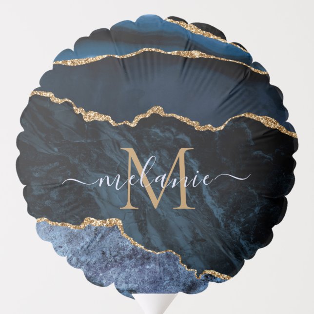 Agate Navy Blue Gold Gemstone Marble Monogram Name Balloon (Back)