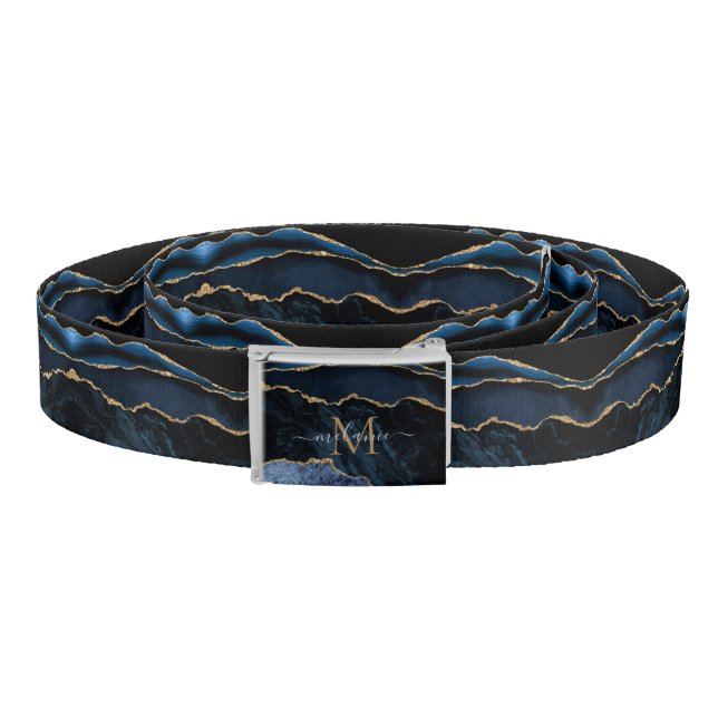 Agate Navy Blue Gold Gemstone Marble Monogram Name Belt (Coil)