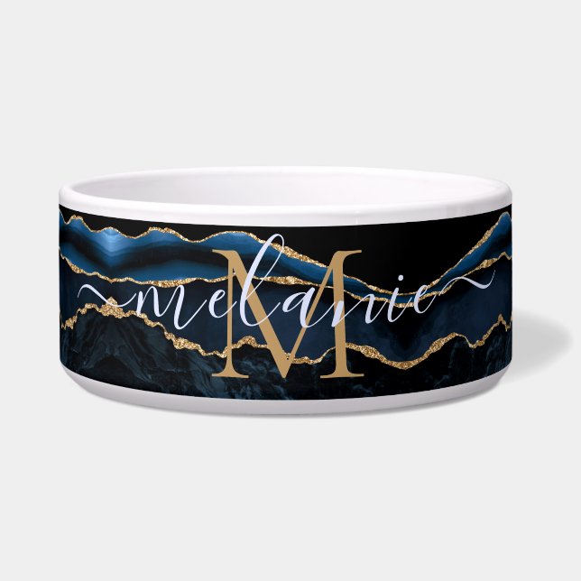 Agate Navy Blue Gold Gemstone Marble Monogram Name Bowl (Front)