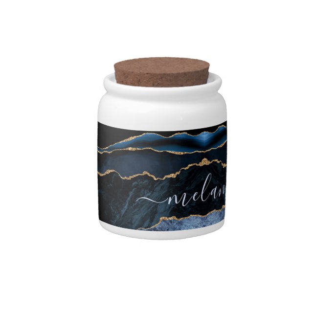 Agate Navy Blue Gold Gemstone Marble Monogram Name Candy Jar (Front)
