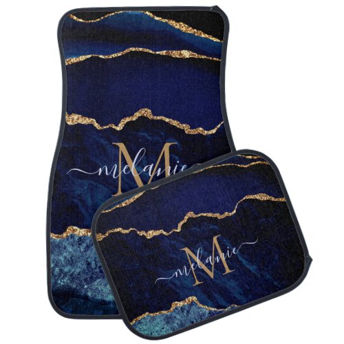 Agate Navy Blue Gold Gemstone Marble Monogram Name Car Floor Mat