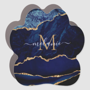 Agate Navy Blue Gold Gemstone Marble Monogram Name Car Magnet
