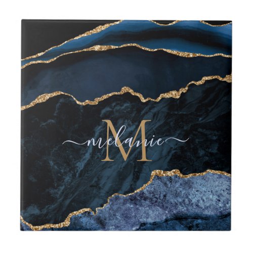 Agate Navy Blue Gold Gemstone Marble Monogram Name Ceramic Tile