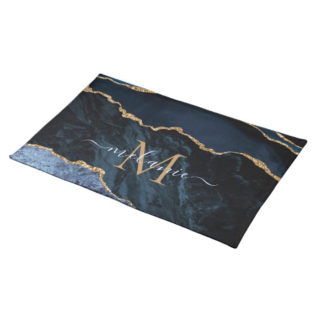 Agate Navy Blue Gold Gemstone Marble Monogram Name Cloth Placemat (On Table)