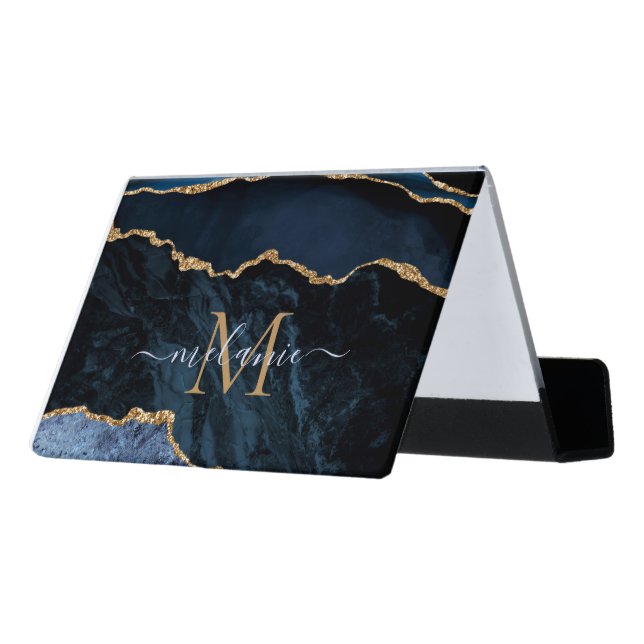 Agate Navy Blue Gold Gemstone Marble Monogram Name Desk Business Card Holder (Angled Back)