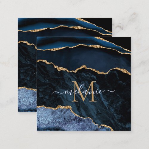 Agate Navy Blue Gold Gemstone Marble Monogram Name Discount Card