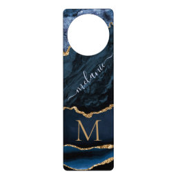 Agate Navy Blue Gold Gemstone Marble Monogram Name Door Hanger